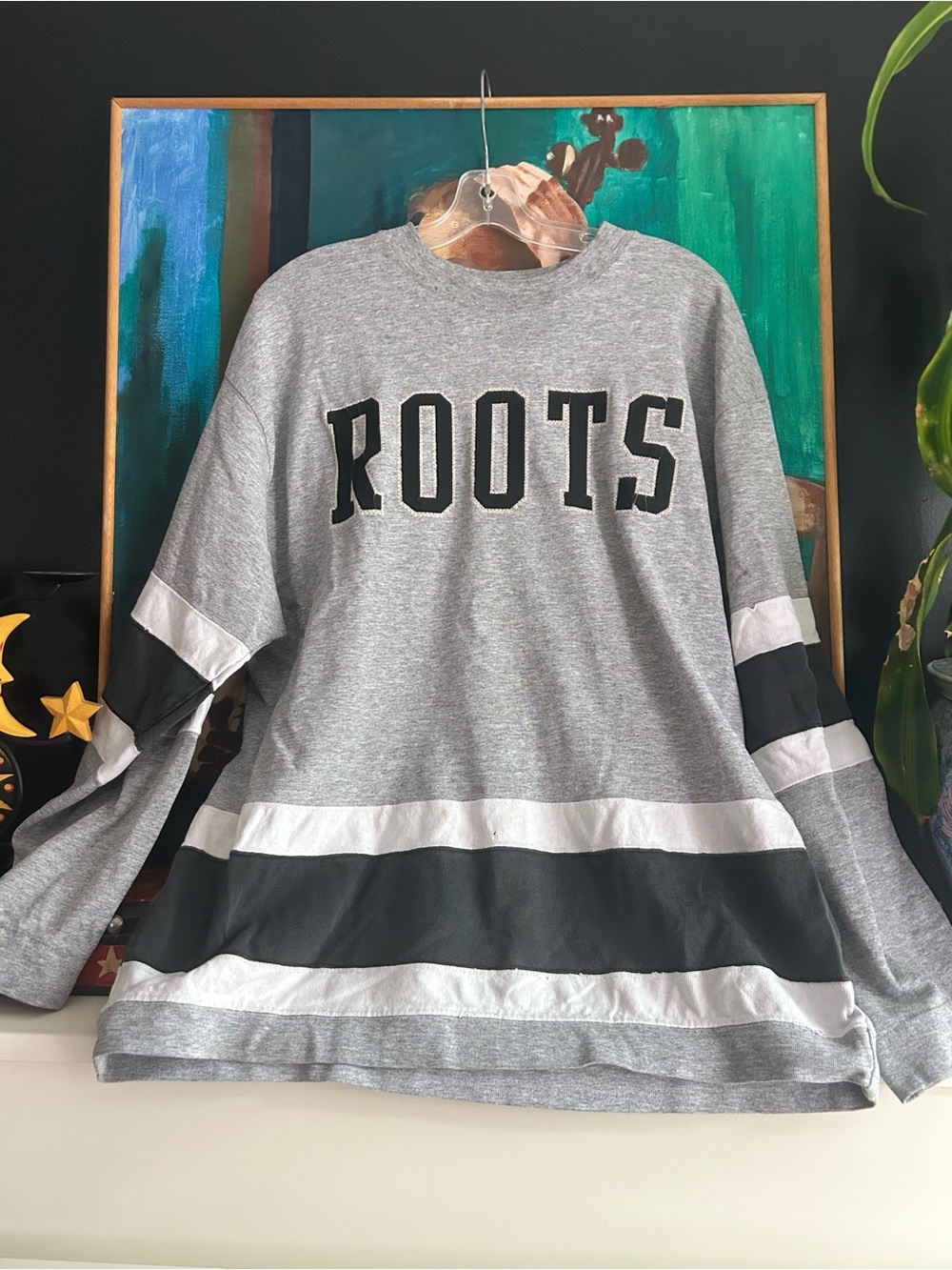 Vintage Y2K Roots Sporting Goods Hockey Jersey Long Sleeve Shirt Grey Black